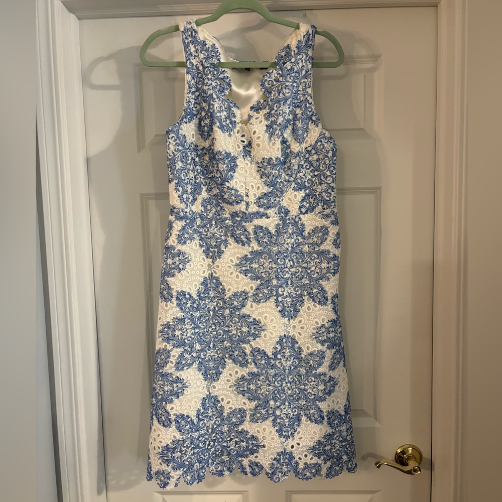 Eva Franco Blue and White Eyelet Lace Floral Dress Size 10